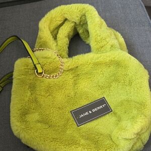 Jane & Berry Lime Faux Fur Mini Tote Bag with Chain Accent